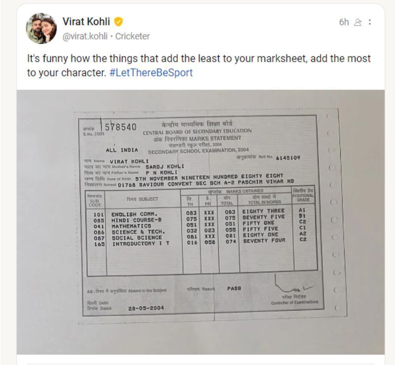 A screen grab of Virat Kohli&rsquo;s marksheet shared on the Koo app. Pic: Koo