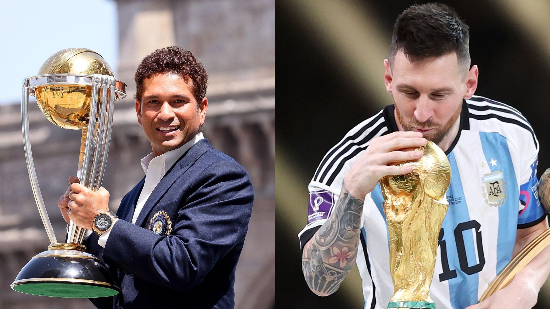 Legends Sachin Tendulkar (L) &amp; Lionel Messi had to wait for a long time to break their World Cup jinx. (P.C.:Twitter)