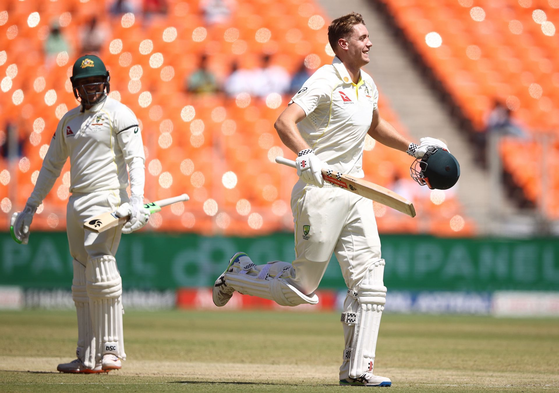 Cameron Green celebrates after reaching his century