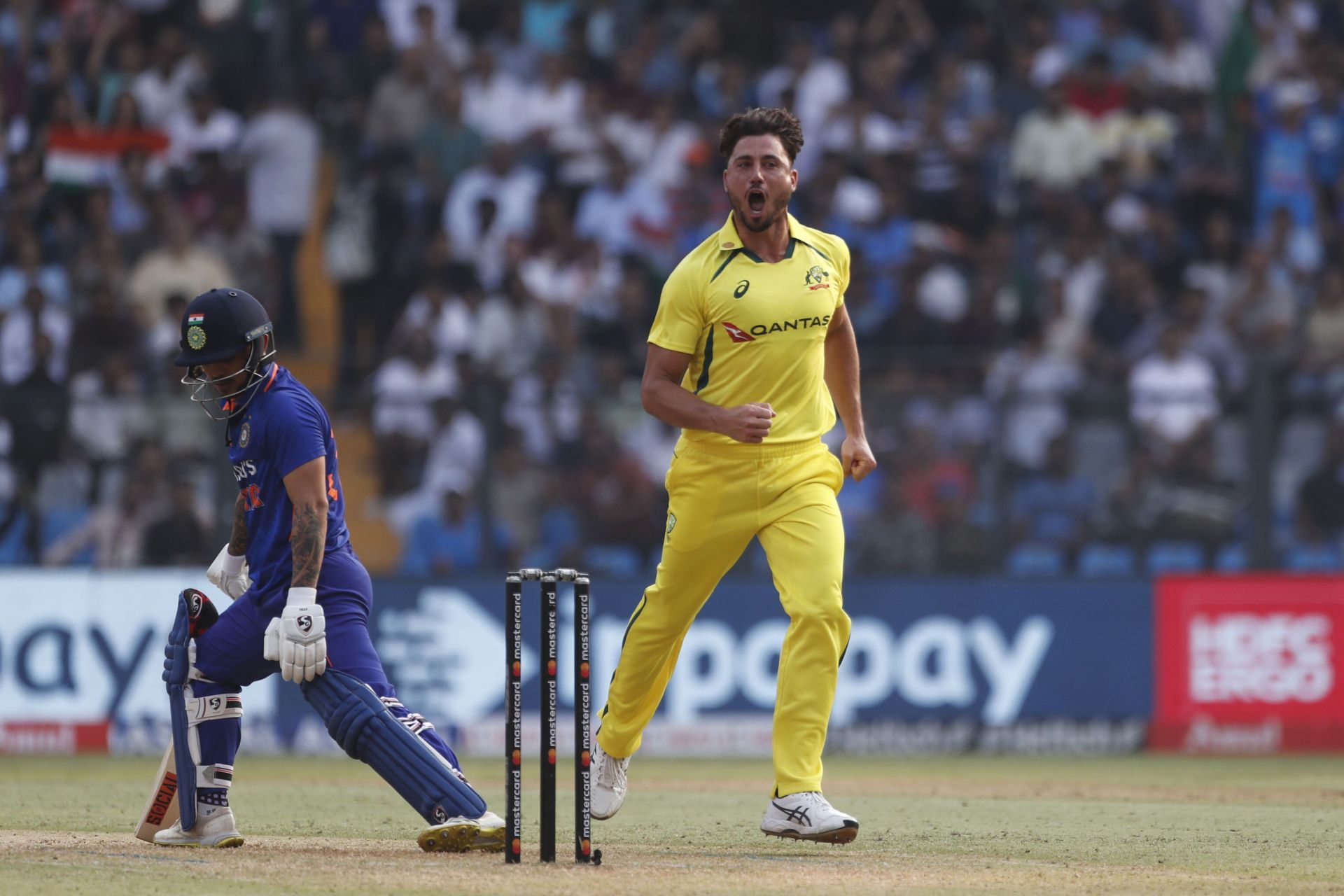 Marcus Stoinis celebrates the dismissal of Ishan Kishan in Mumbai. Pic: Getty Images