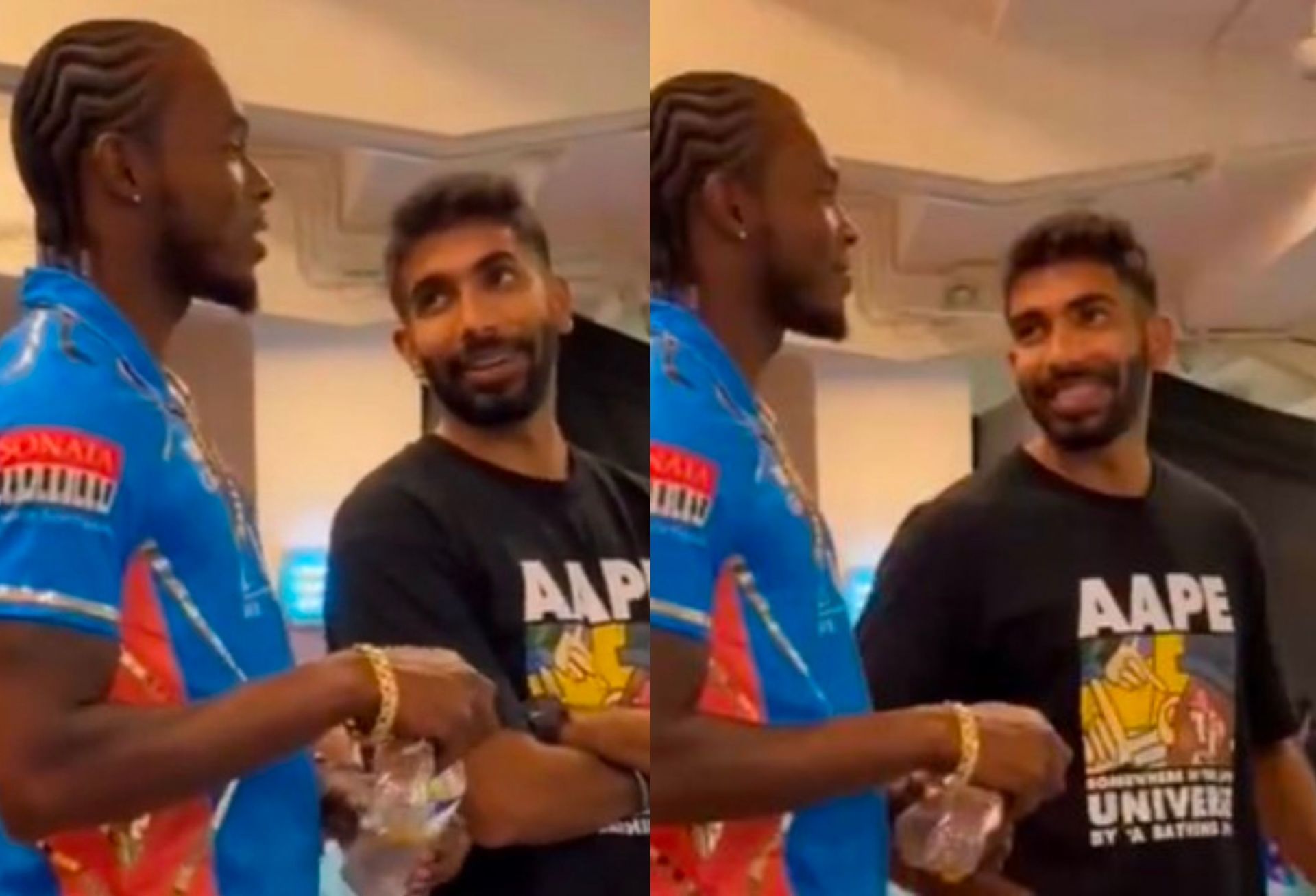 Jasprit Bumrah and Jofra Archer watching WPL 2023 final between MI and DC on Sunday.