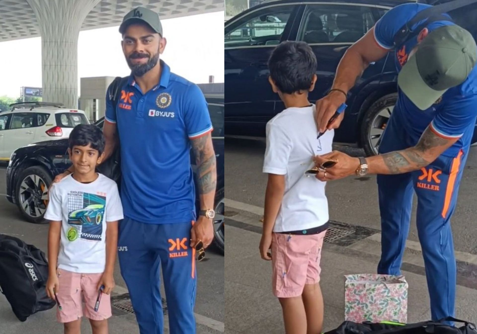 Virat Kohli at the Mumbai Airport with a young fan. 