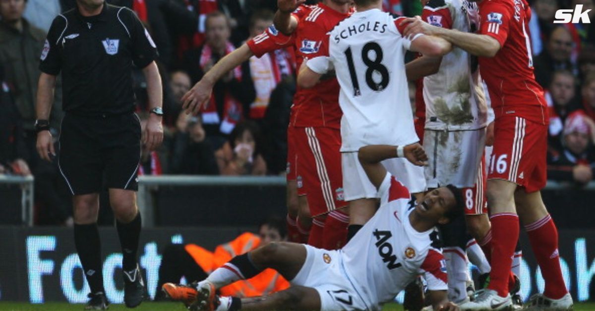 Nani crying on the floor at Anfield