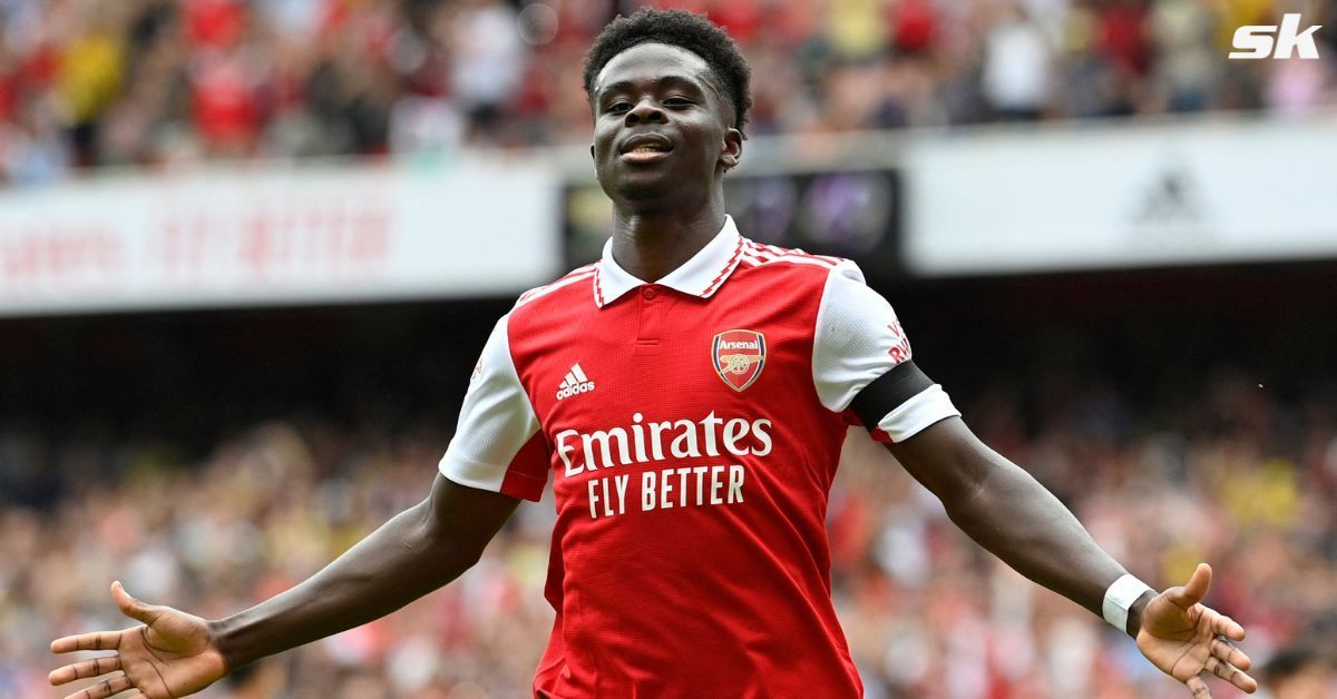 Arsenal forward Bukayo Saka reacts during a match.