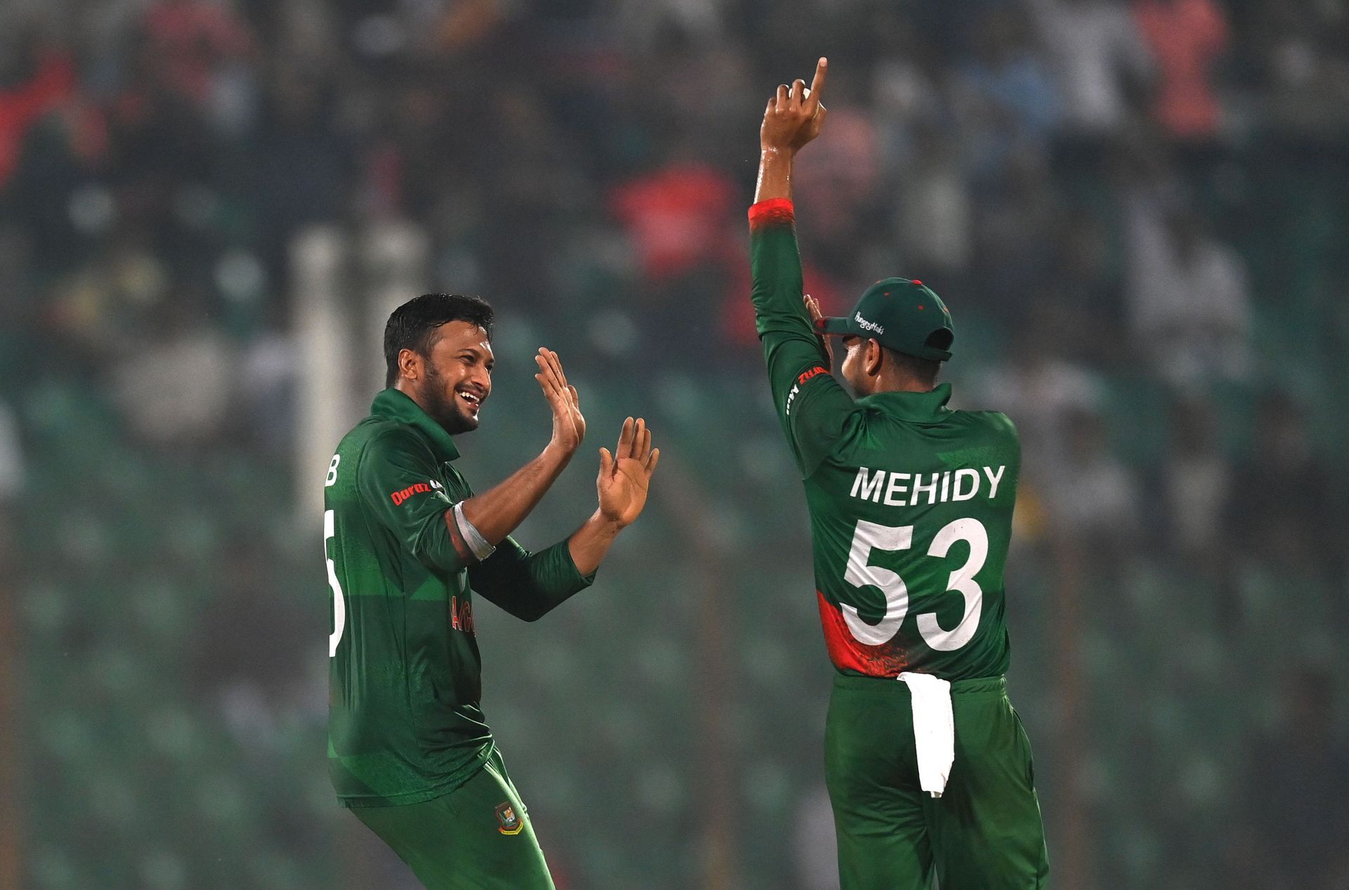 Shakib Al Hasan (left) celebrates with Mehidy Hasan Miraz. Pic: Getty Images
