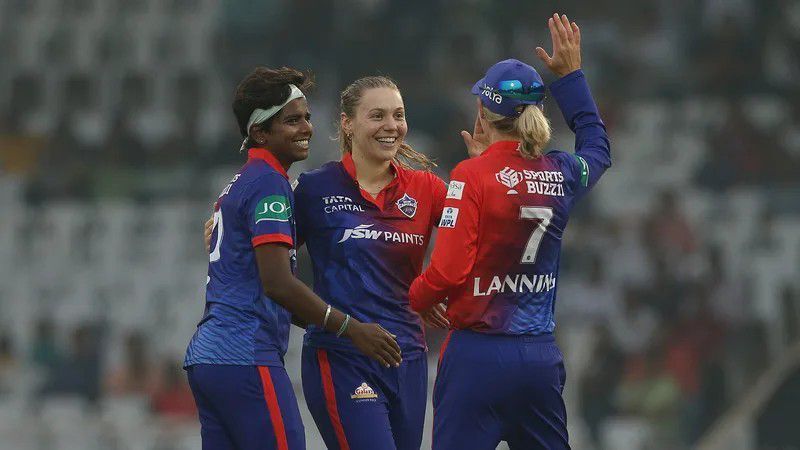 Delhi Capitals (DC) celebrating a wickets against Royal Challengers Bangalore (RCB)