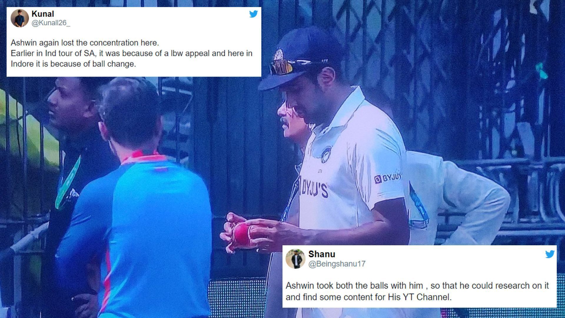 Ashwin has a close look at both the balls after the game (P.C.:BCCI)