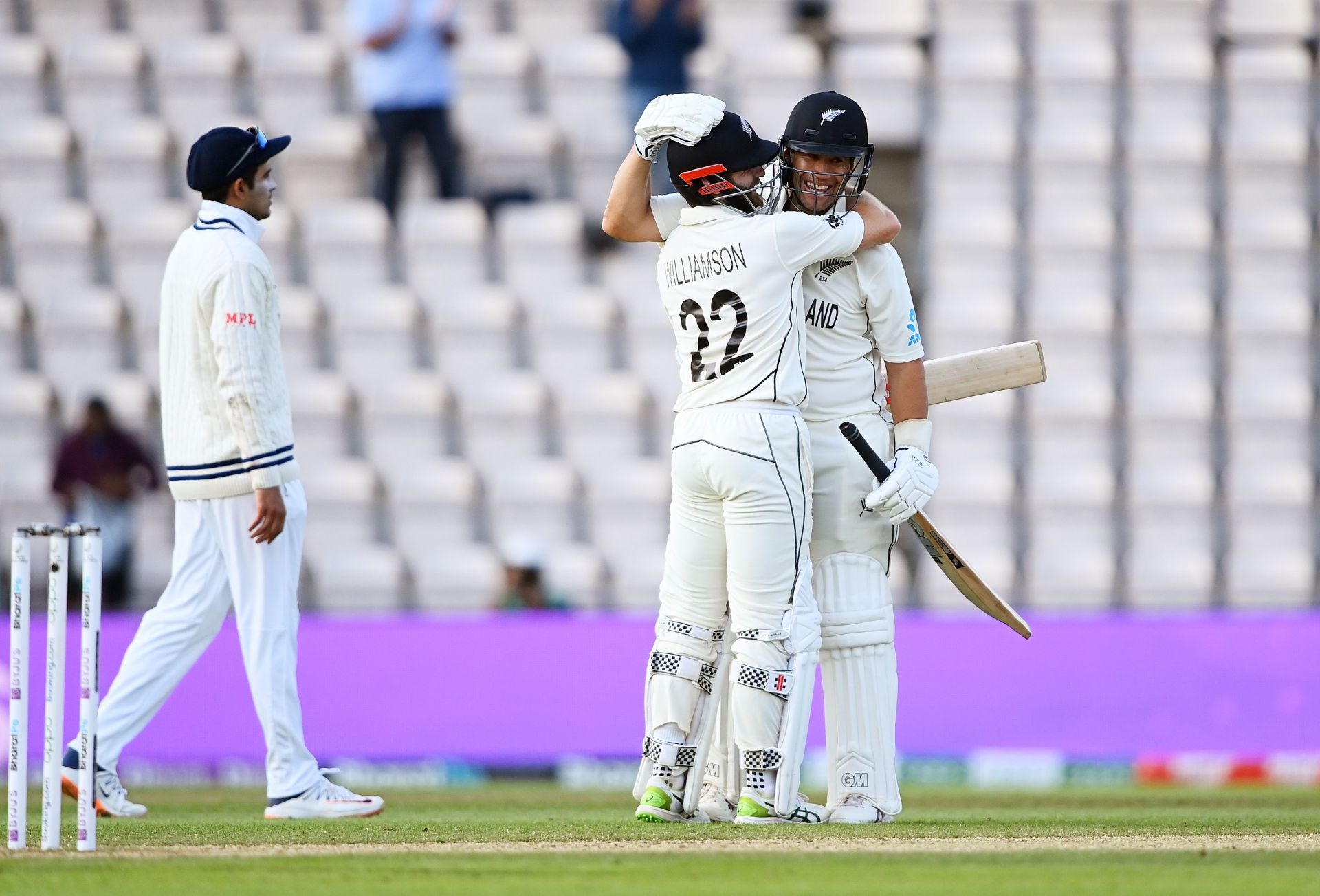 Kane Williamson and Ross Taylor celebrate’s New Zealand win in 2021 World Test Championship final. Pic: Getty Images