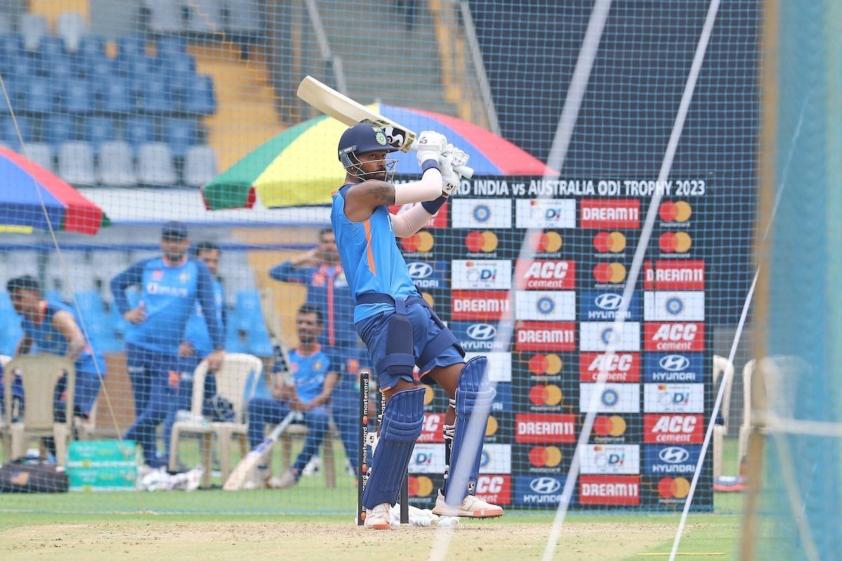 Hardik Pandya during a nets session in Mumbai ahead of the first ODI 