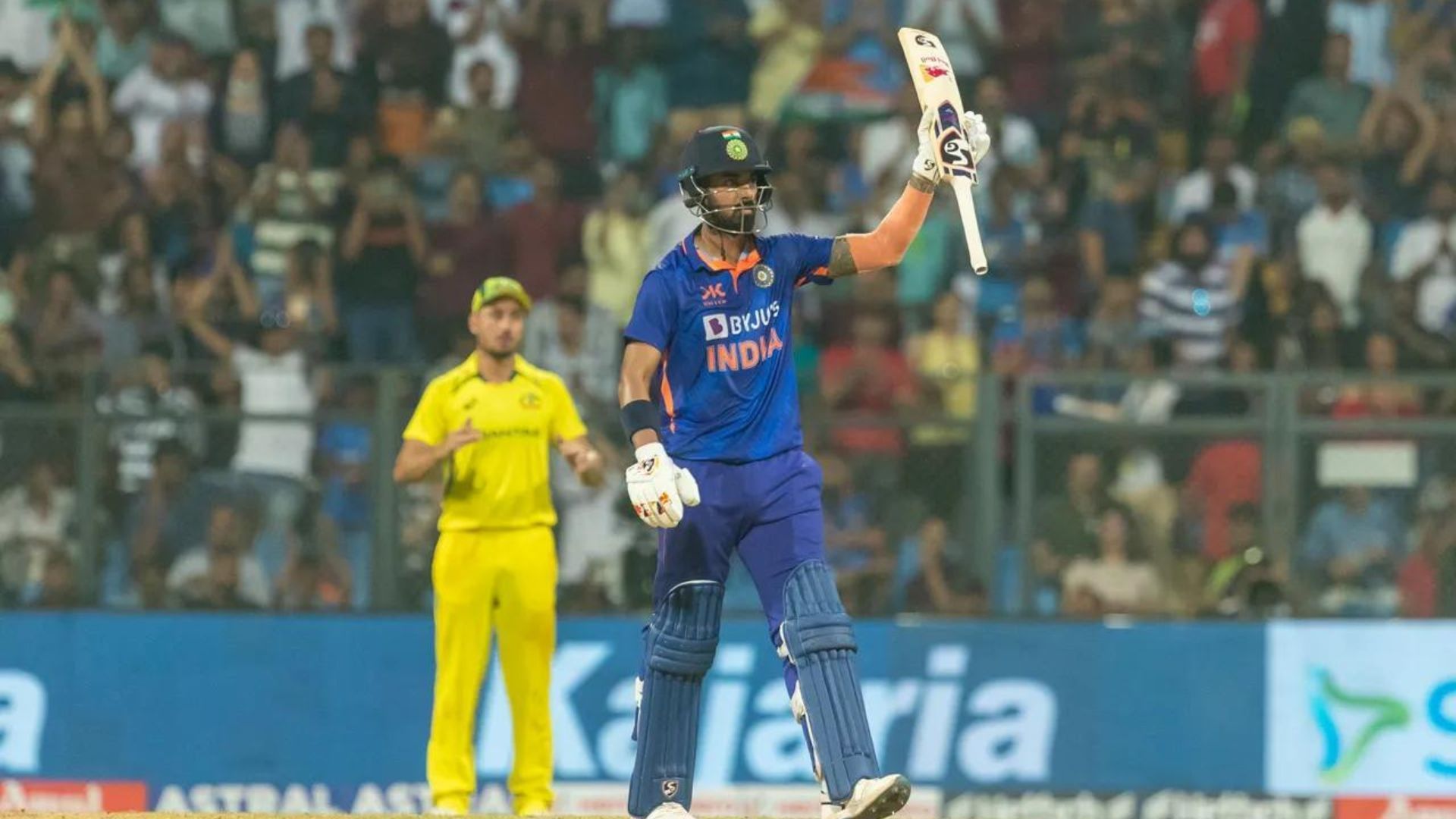 KL Rahul celebrates after reaching his half-century on Friday in Mumbai (P.C.:BCCI)