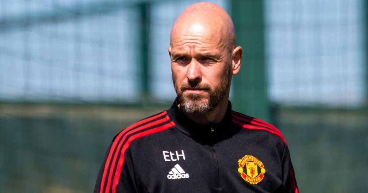 Manchester United boss Erik ten Hag looks on in training