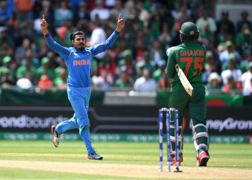 Ravindra Jadeja celebrates dismissing Shakib Al Hasan during the ICC Champions Trophy semi-final at Edgbaston in June 2017. Pic: Getty Images