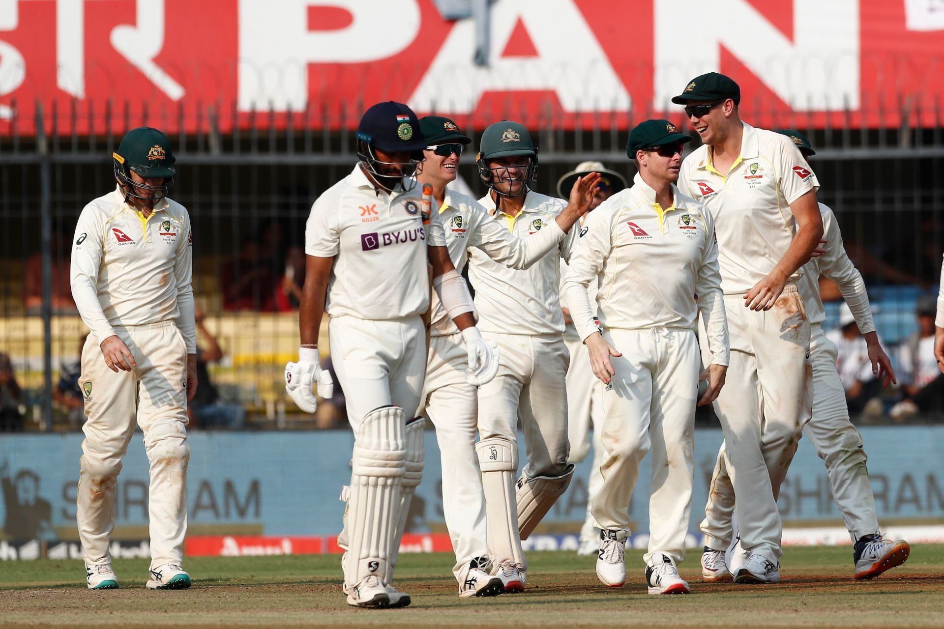 Steve Smith celebrates Cheteshwar Pujara&#039;s wicket. (Credits: Getty)