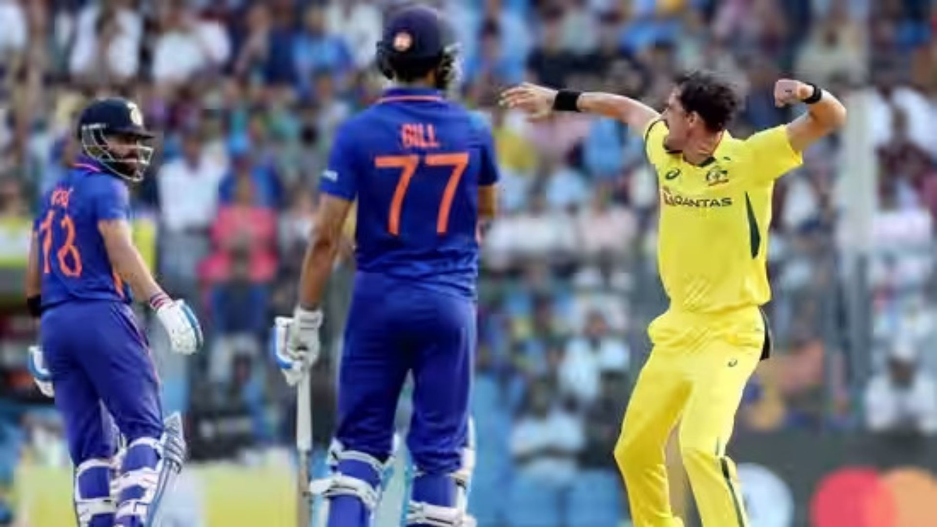 Mitchell Starc celebrates after dismissing Virat Kohli in the 1st ODI (P.c.:Twitter &amp; BCCI)