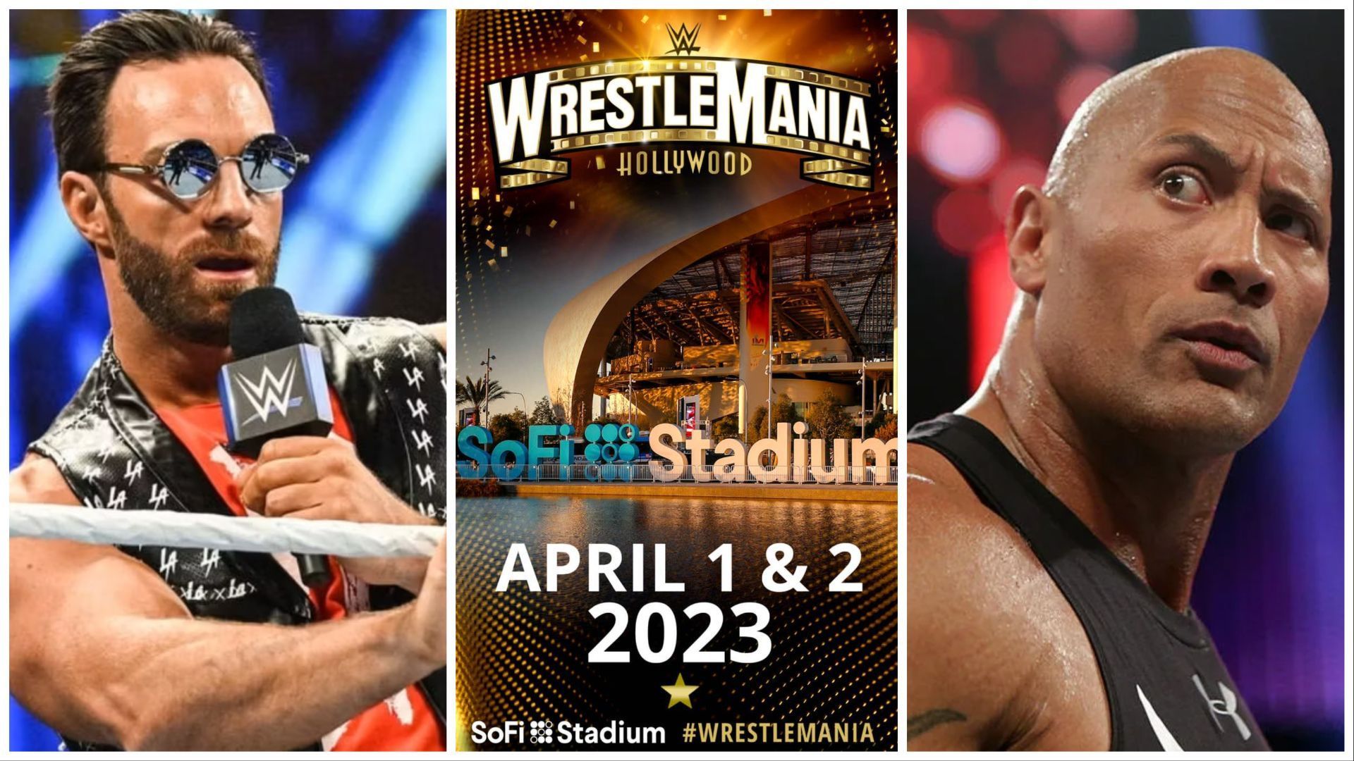 LA Knight (L) promotional ad for WWE WrestleMania 39 (c), Dwayne &quot;The Rock&quot; Johnson (R)