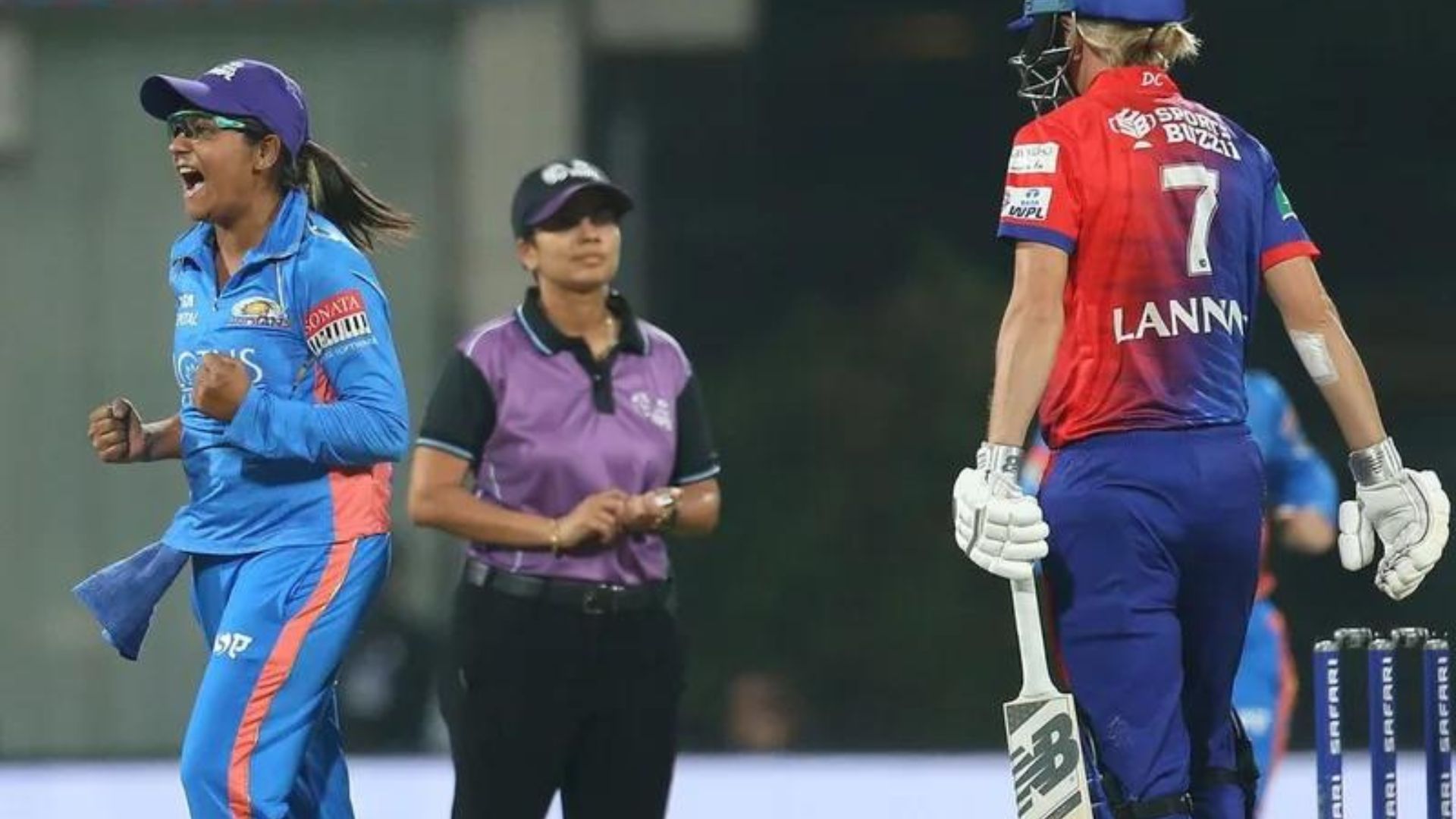 Saika Ishaque (L) celebrates after dismissing Meg Lanning (P.C.: WPL)