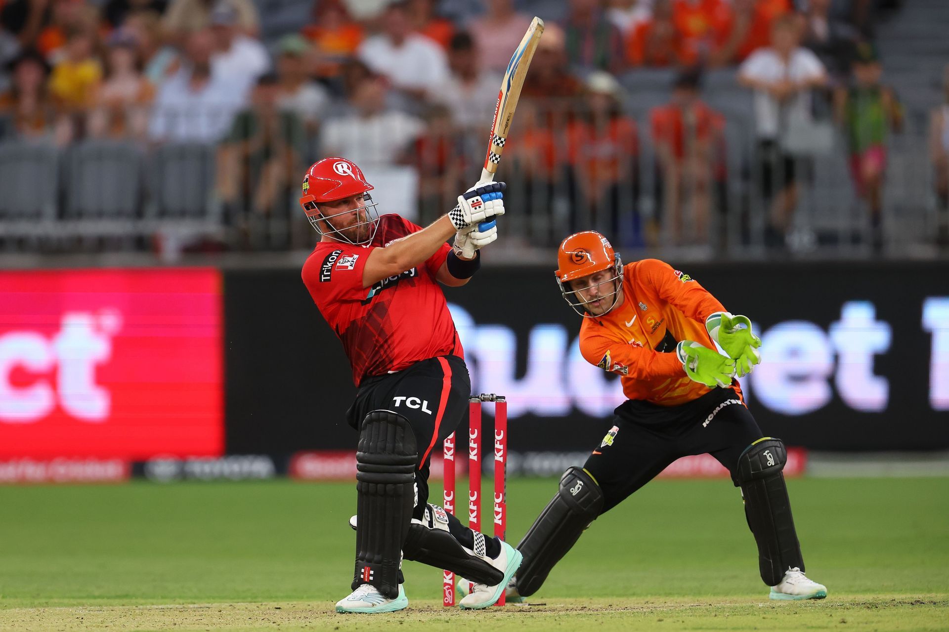 Aaron Finch bats during a Men&#039;s Big Bash League match between the Perth Scorchers and the Melbourne Renegades. Pic: Getty Images