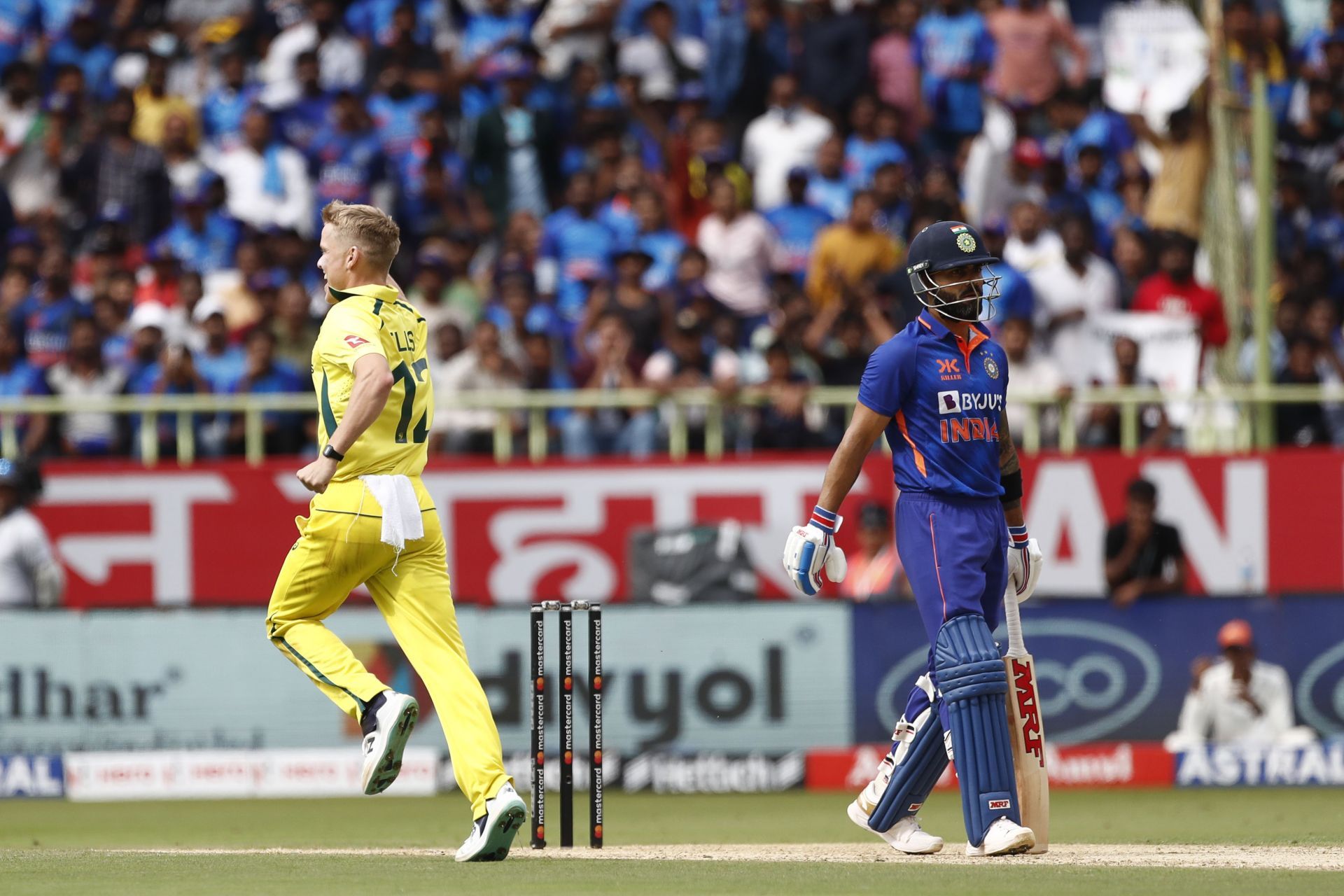 Nathan Ellis celebrates the wicket of Virat Kohli. (Pic: Getty Images)