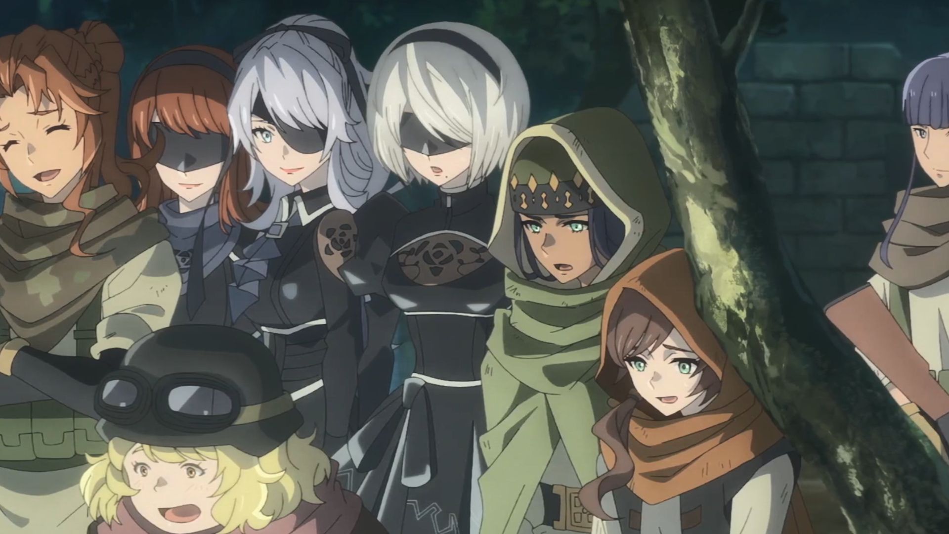 The first YoRHa Androids and Resistance group together, as seen in NieR: Automata Ver1.1a (Image via A-1 Pictures)