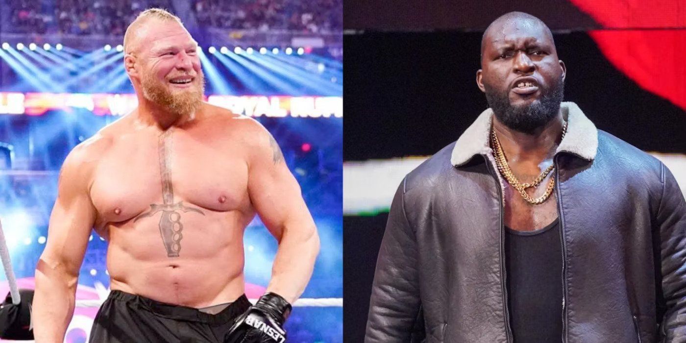 Brock Lesnar (left); Omos (right)