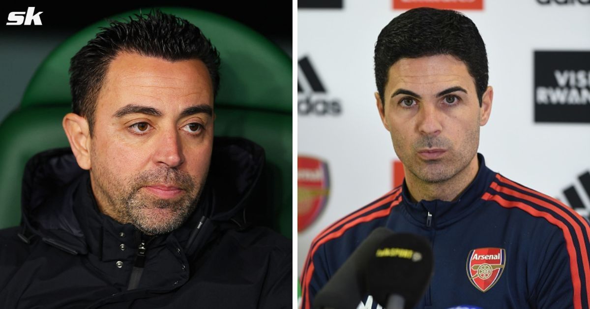 [L-to-R] Xavi Hernandez and Mikel Arteta.