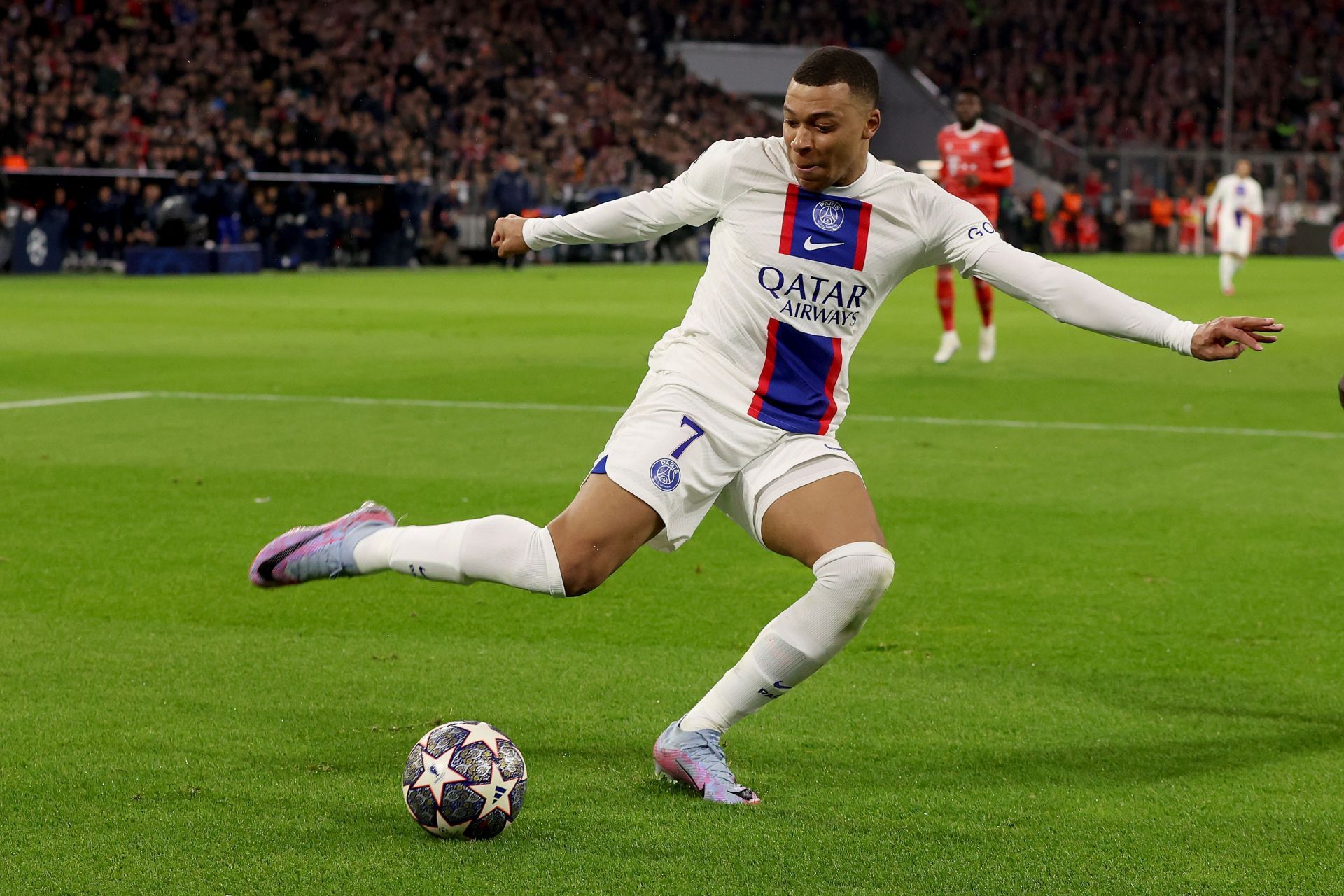 Kylian Mbappe during FC Bayern München v Paris Saint-Germain: Round of 16 Second Leg - UEFA Champions League