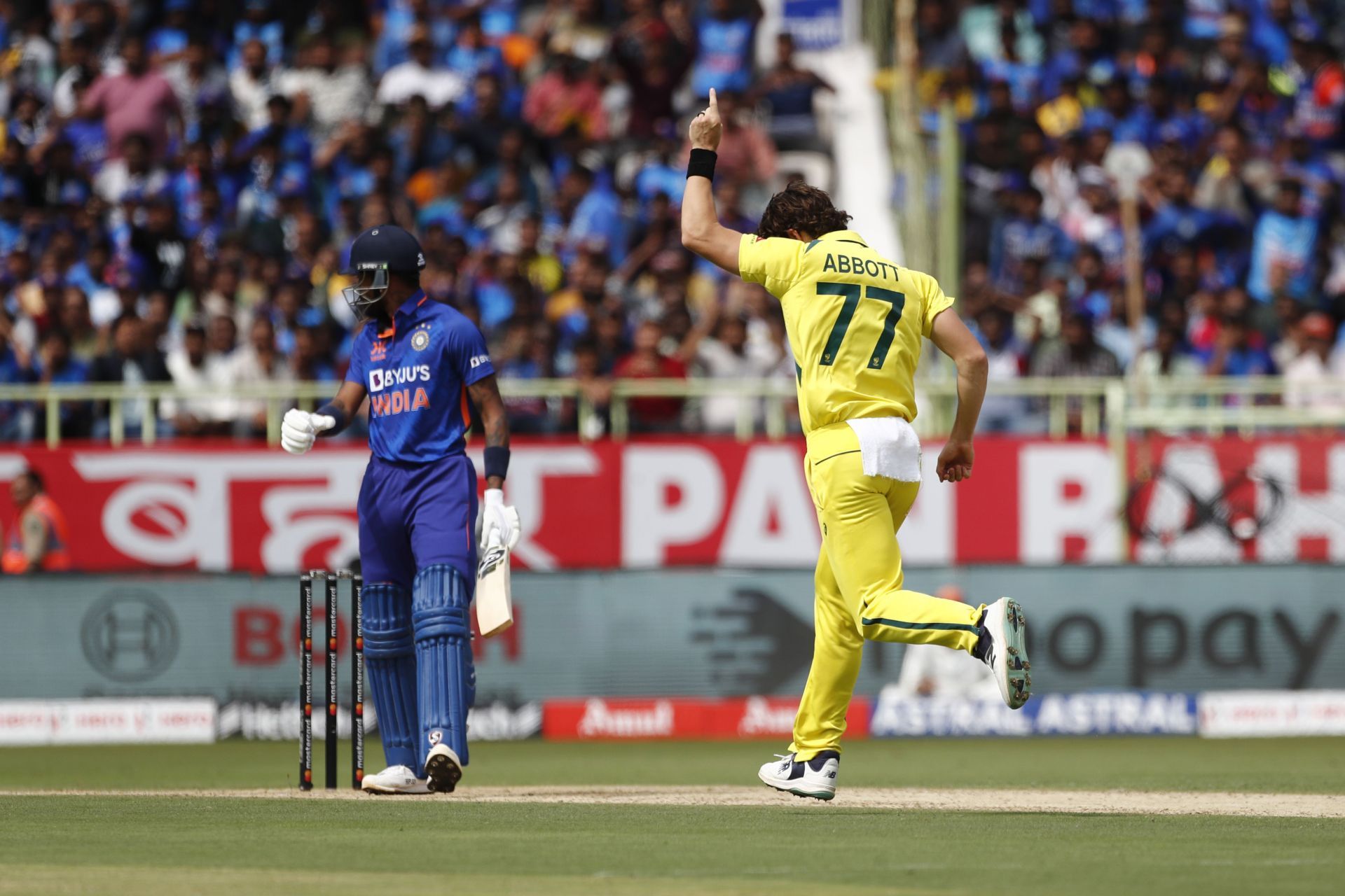 Sean Abbott is ecstatic after dismissing Hardik Pandya. (Pic: Getty Images)