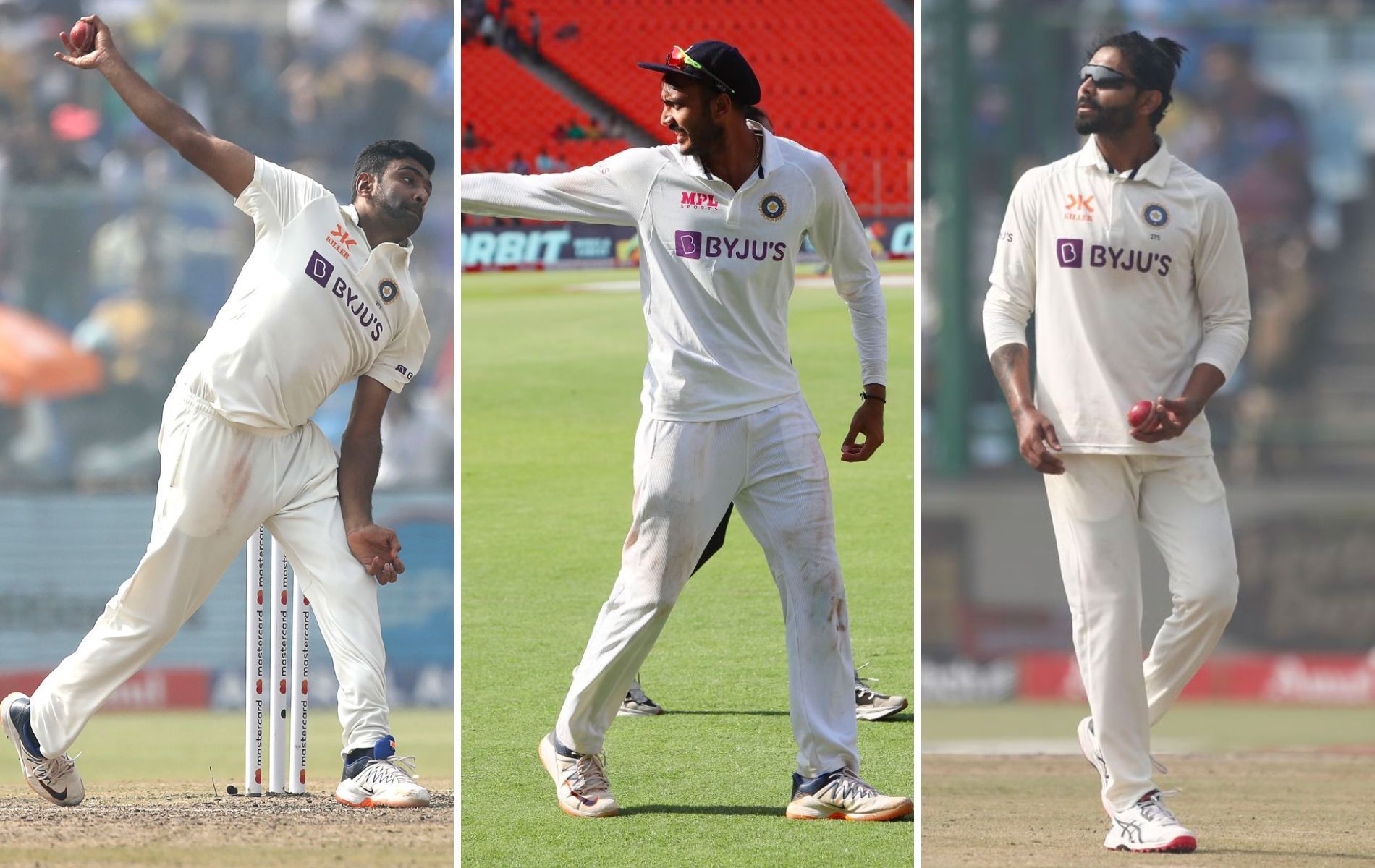 (L to R) Ravichandran Ashwin, Axar Patel and Ravindra Jadeja. (Pics: Getty)