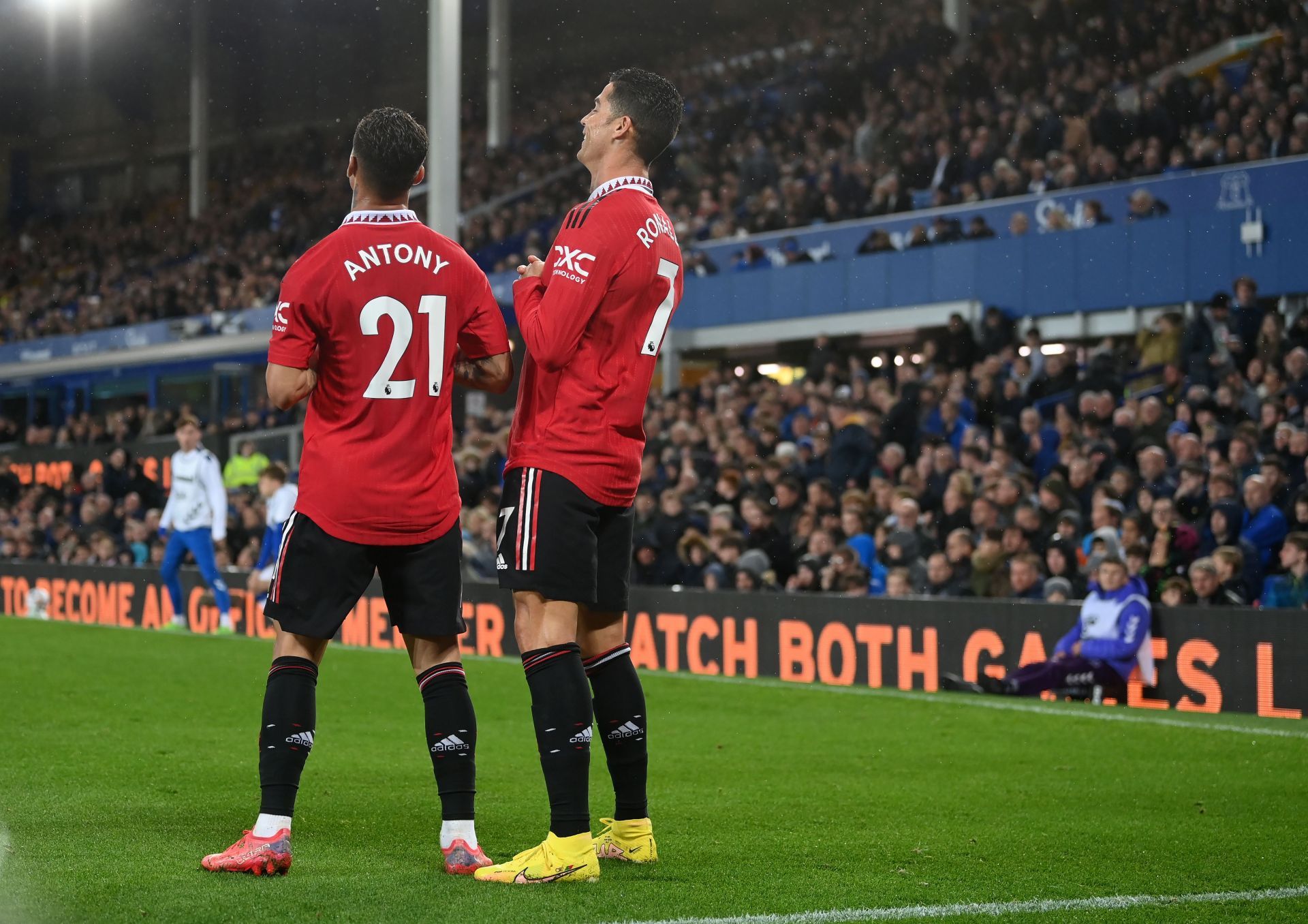 Cristiano Ronaldo and Antony celebrate a goal vs Everton.