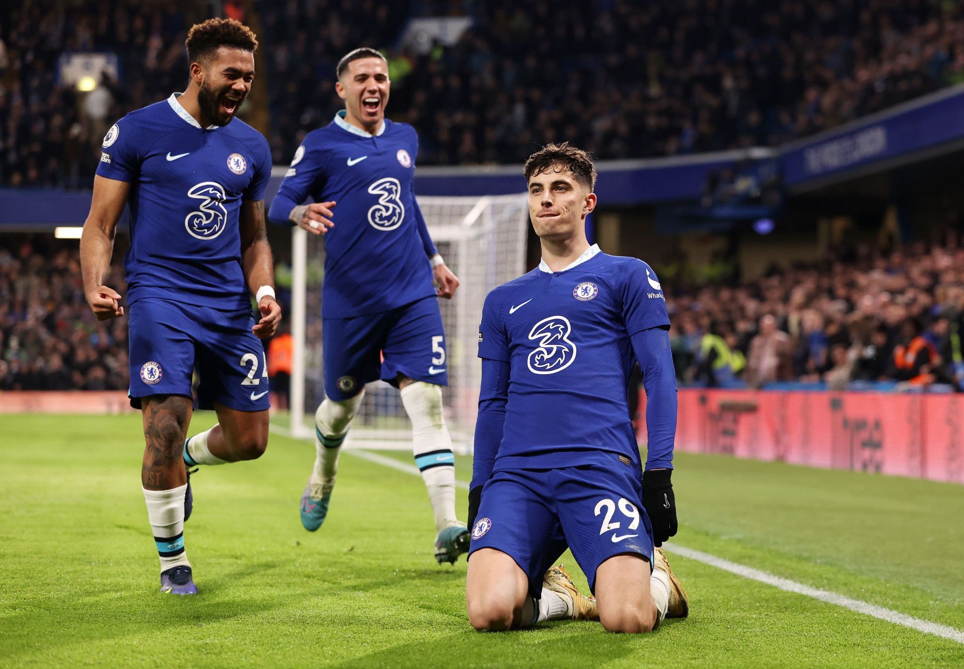 Kai Havertz (front) mocked Everton's Jordan Pickford.