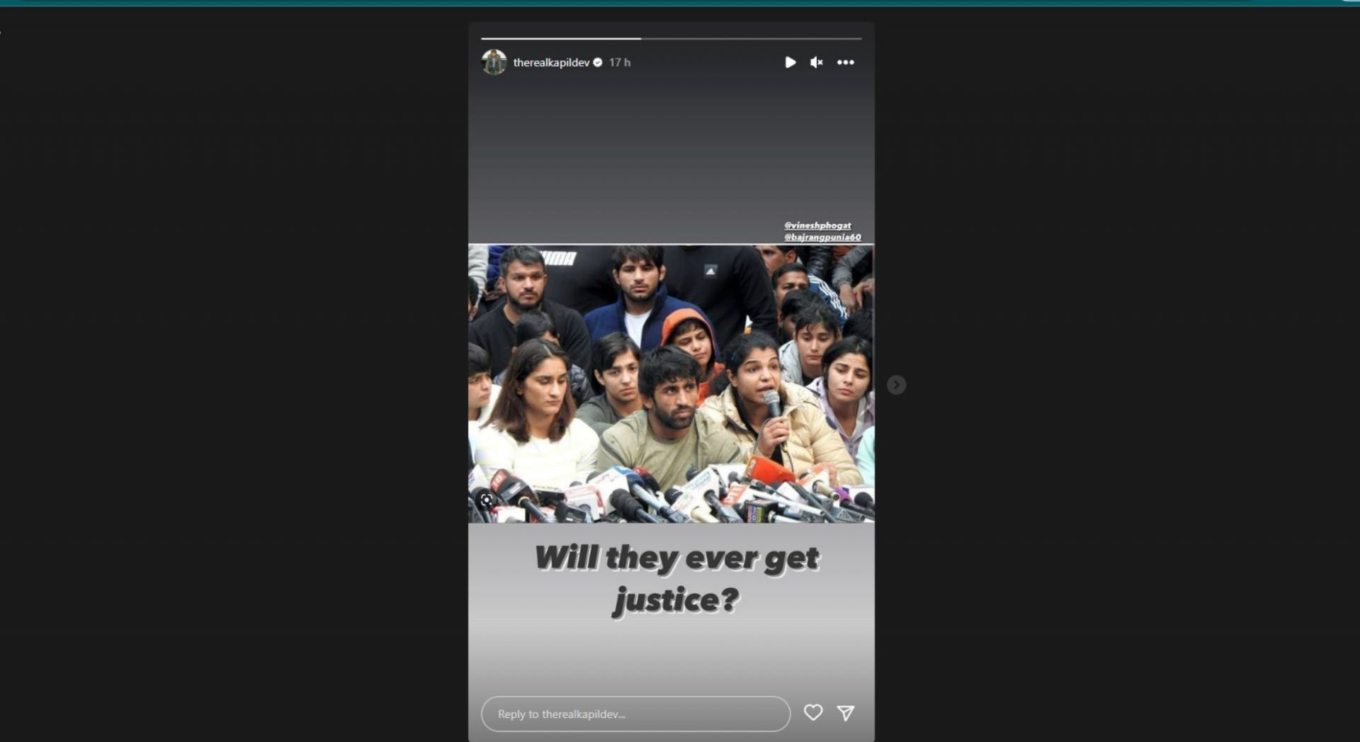 Kapil Dev shared an Instagram story on Thursday, April 27.
