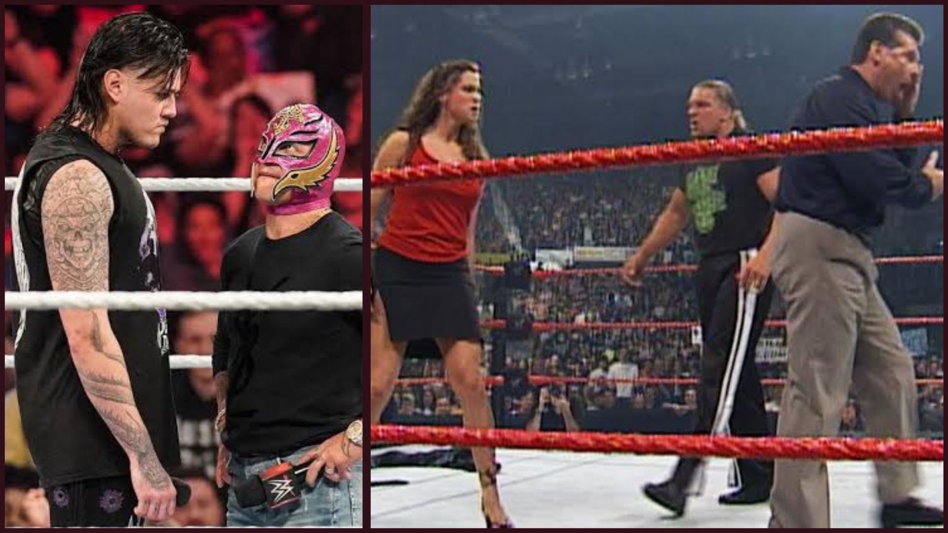 Dominik and Rey Mysterio (L); Stephanie and Vince McMahon (R).