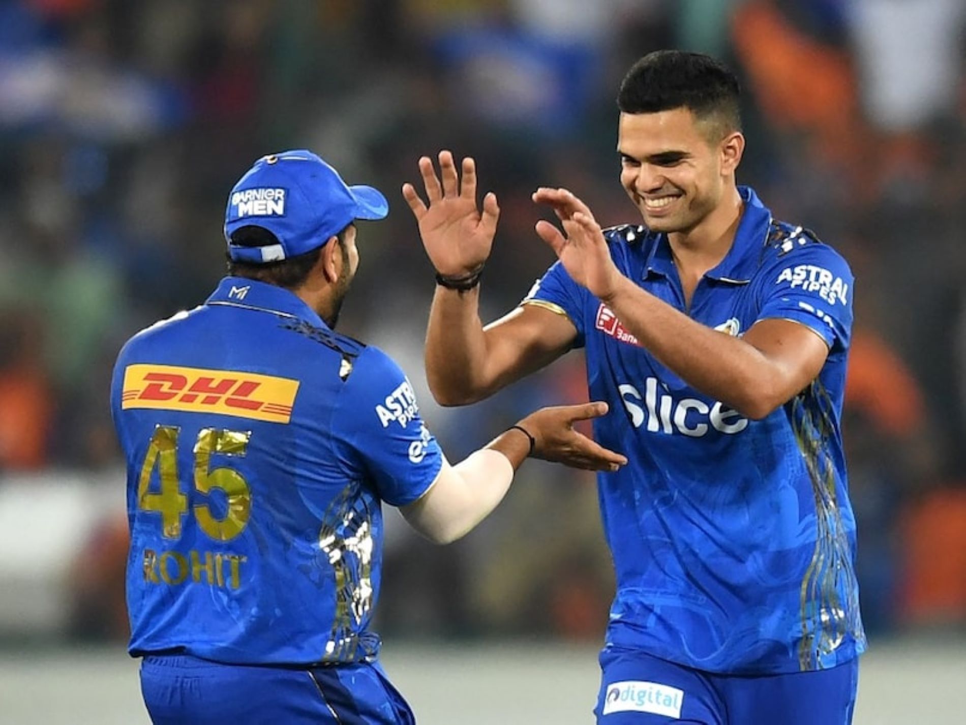 Rohit Sharma and Arjun Tendulkar were jubilant after MI&#039;s 14-run victory over SRH.