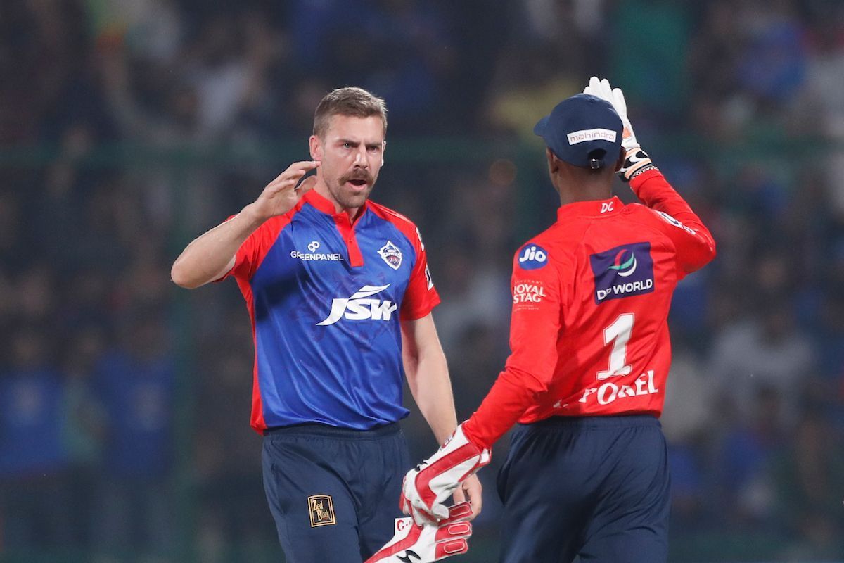 Anrich Nortje celebrates a wicket with Abhishek Porel. (Credits: Twitter)