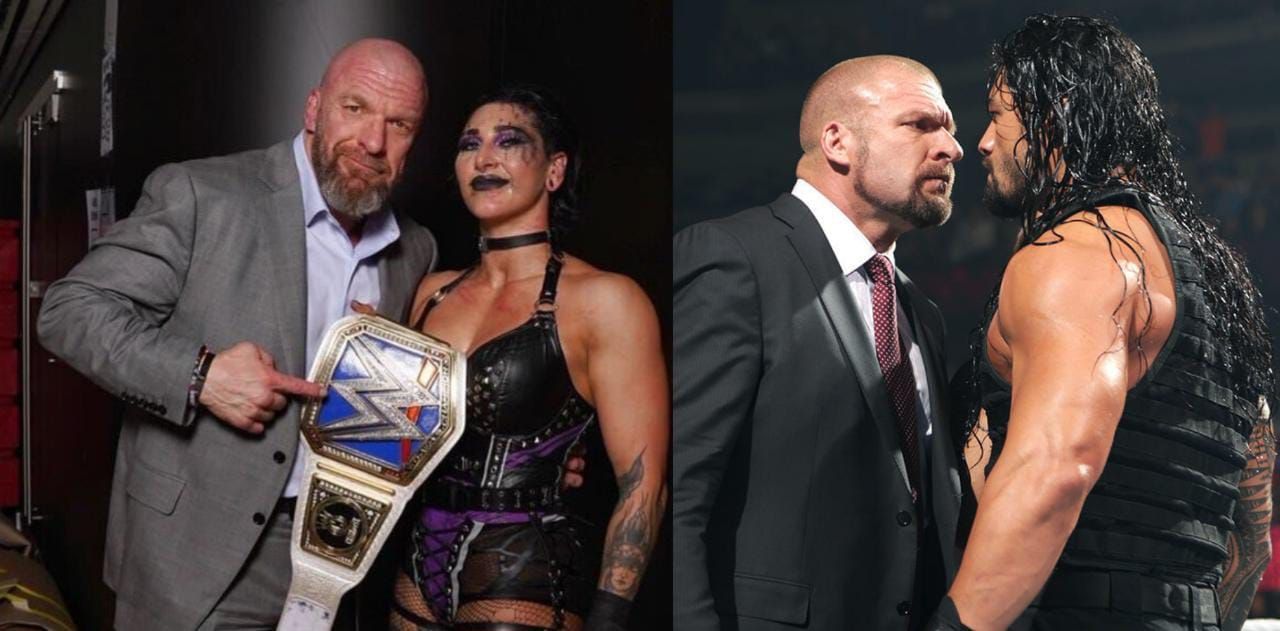 Triple H with Rhea Ripley (left) and Triple H with Roman Reigns (right)