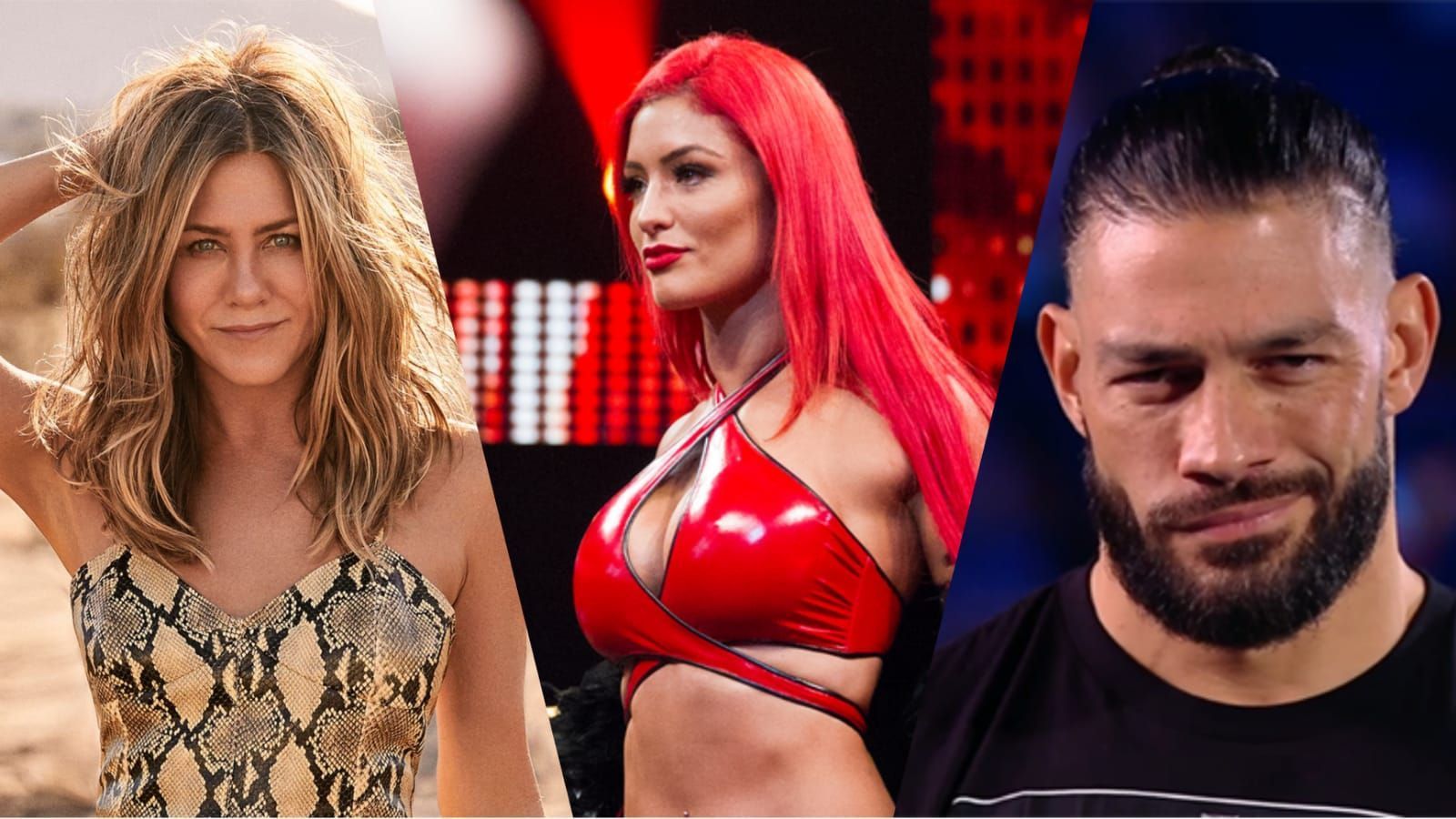 Jennifer Aniston, Eva Marie and Roman Reigns (L to R)