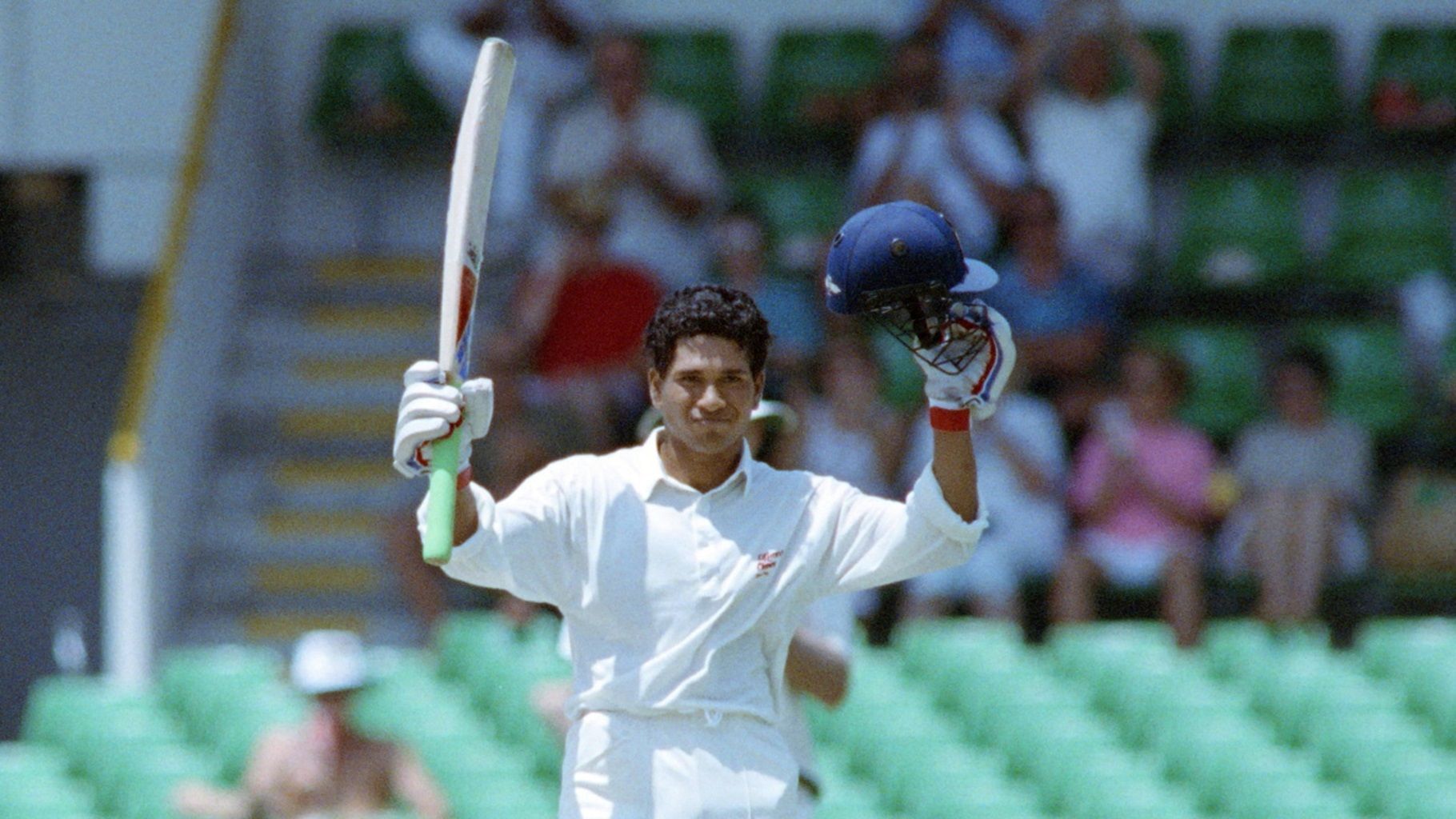 Sachin Tendulkar celebrates after reaching his hundred in Perth (P.C.:Cricket Australia)