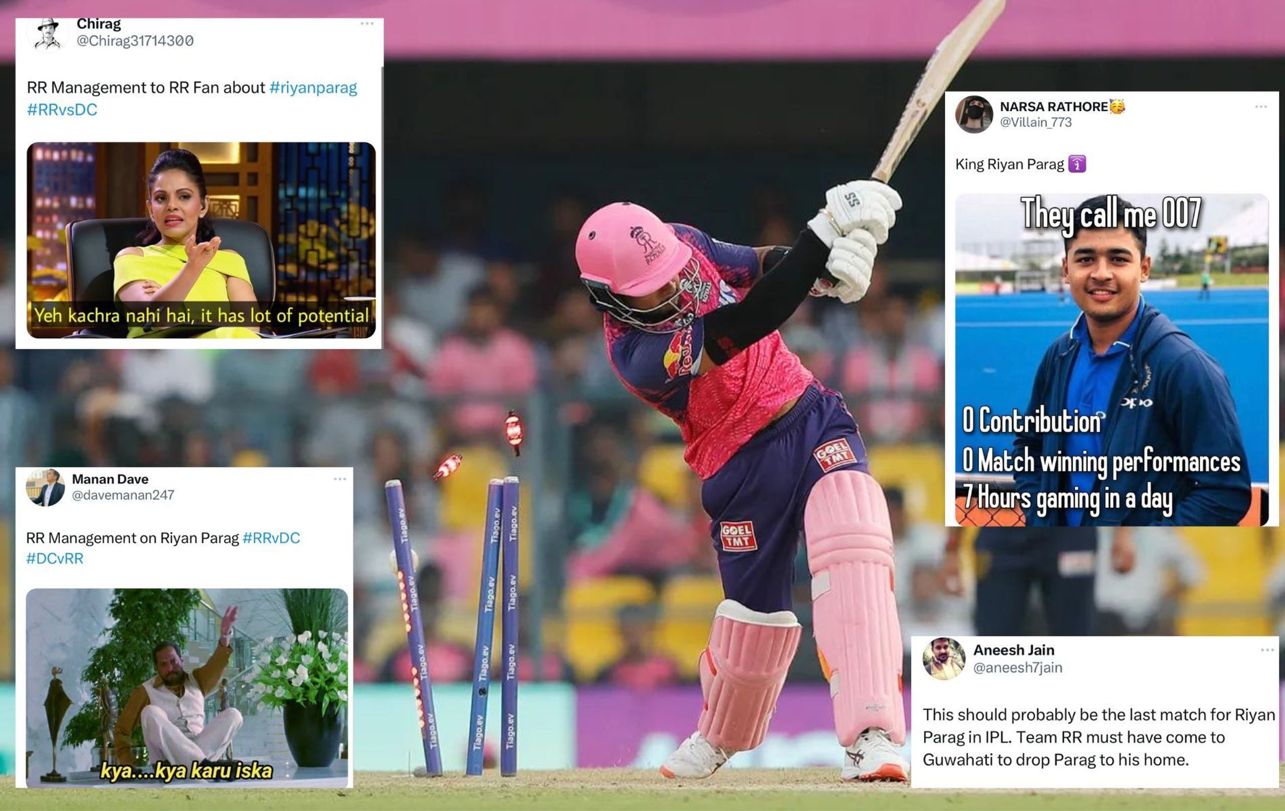 Riyan Parag was dismissed for 7 vs DC. (Pics: IPLT20.com/Twitter)