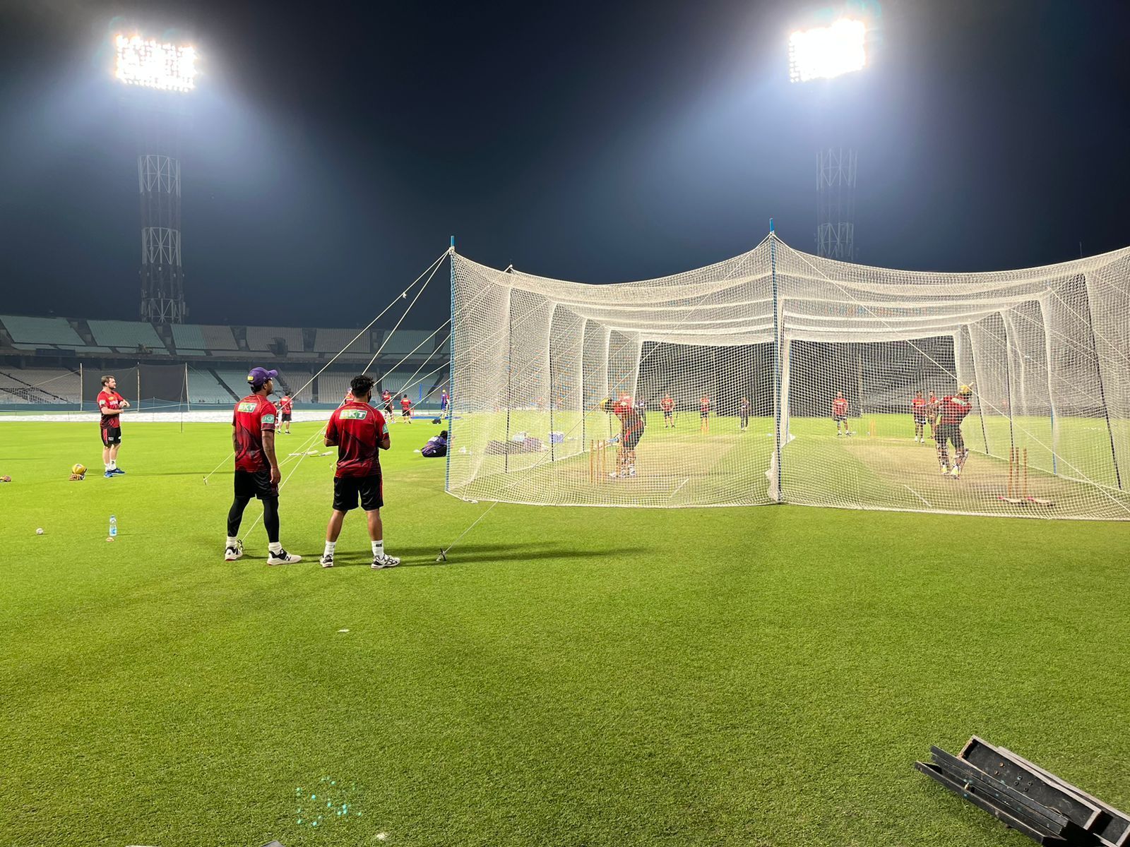 KKR players train under lights at Eden Gardens on Monday [Credits: Srinjoy Sanyal]