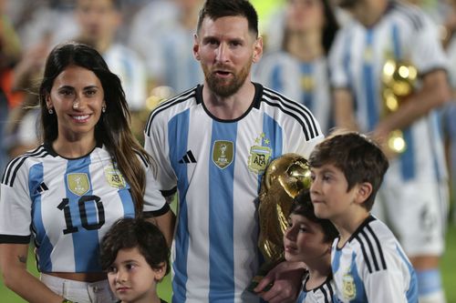 Antonela Roccuzzo (left) was thrilled with Argentina's World Cup triumph.