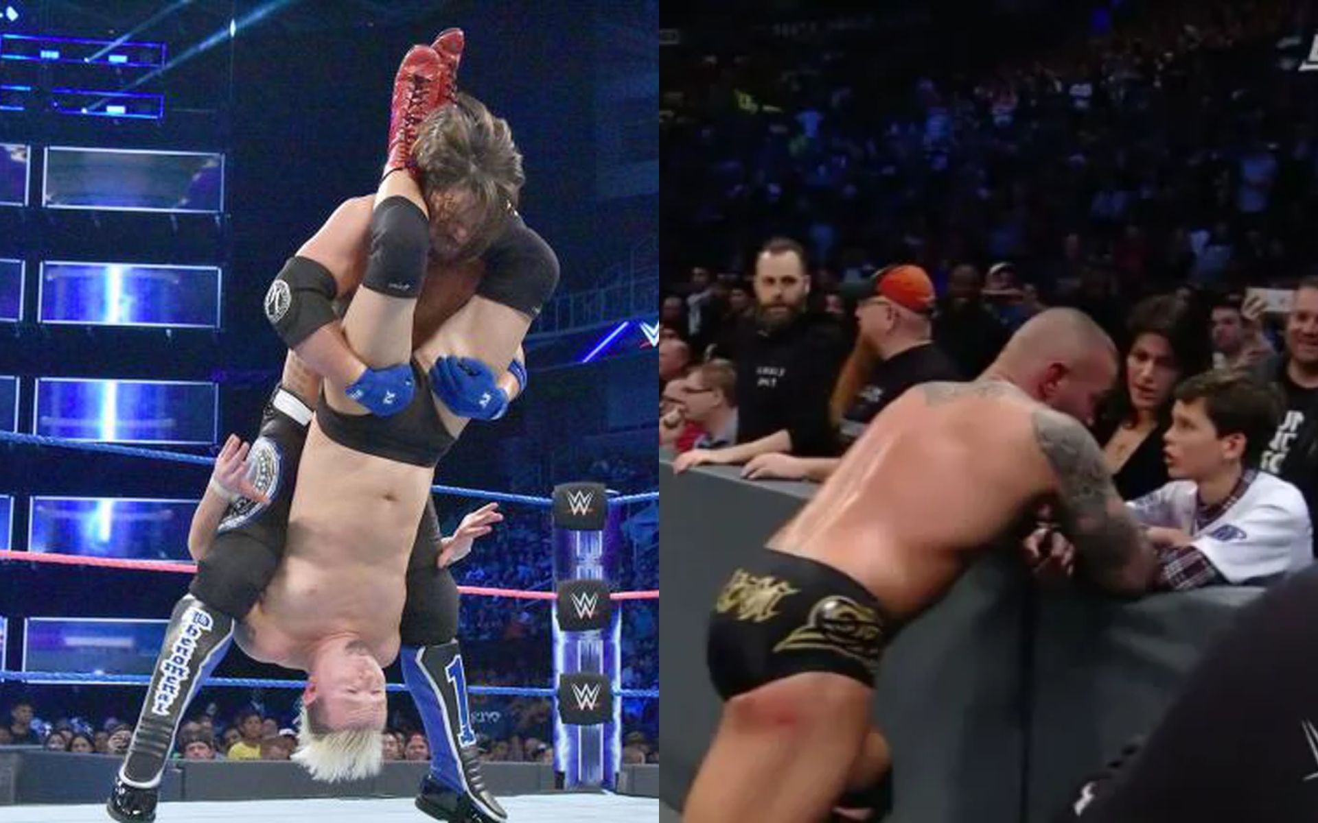 James Ellsworth and AJ Styles (L); Randy Orton consoling Shane McMahon