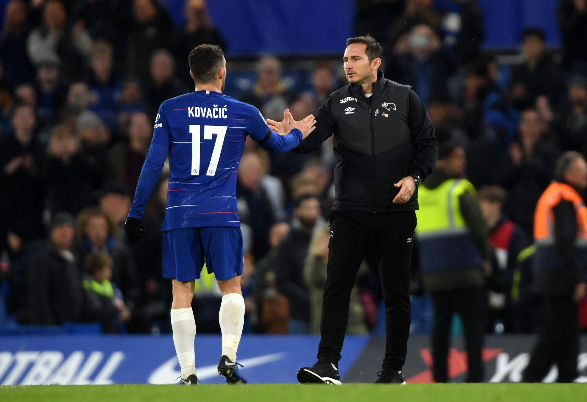 Mateo Kovacic (left) reacts to Frank Lampard&#039;s return.