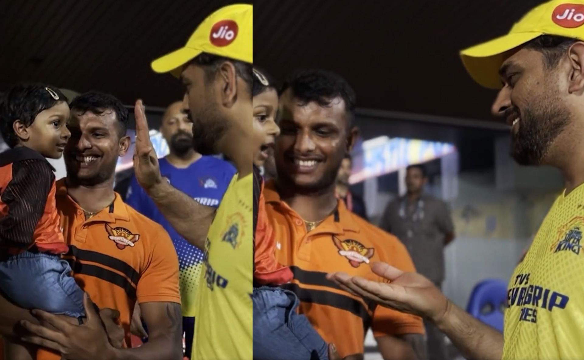 MS Dhoni interacts with SRH pacer Natarajan and his family after the match of Friday. 