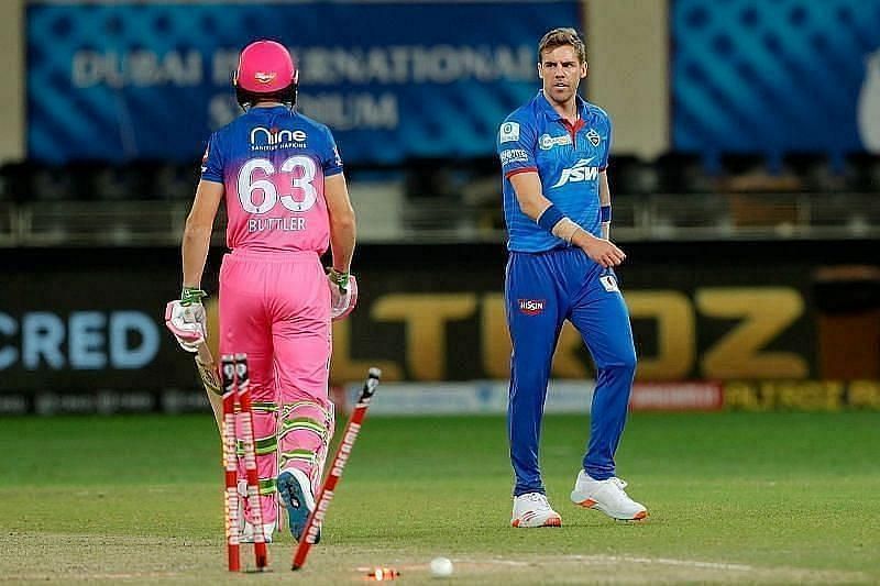 Anrich Nortje knocks over Jos Buttler during IPL 2020. (Pic: BCCI