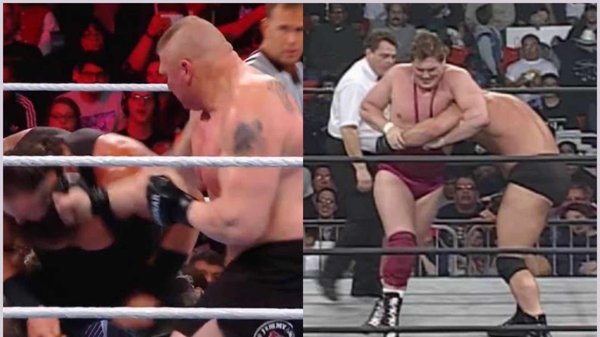 Brock Lesnar and Braun Strowman (L); Steve Regal and Goldberg (R)