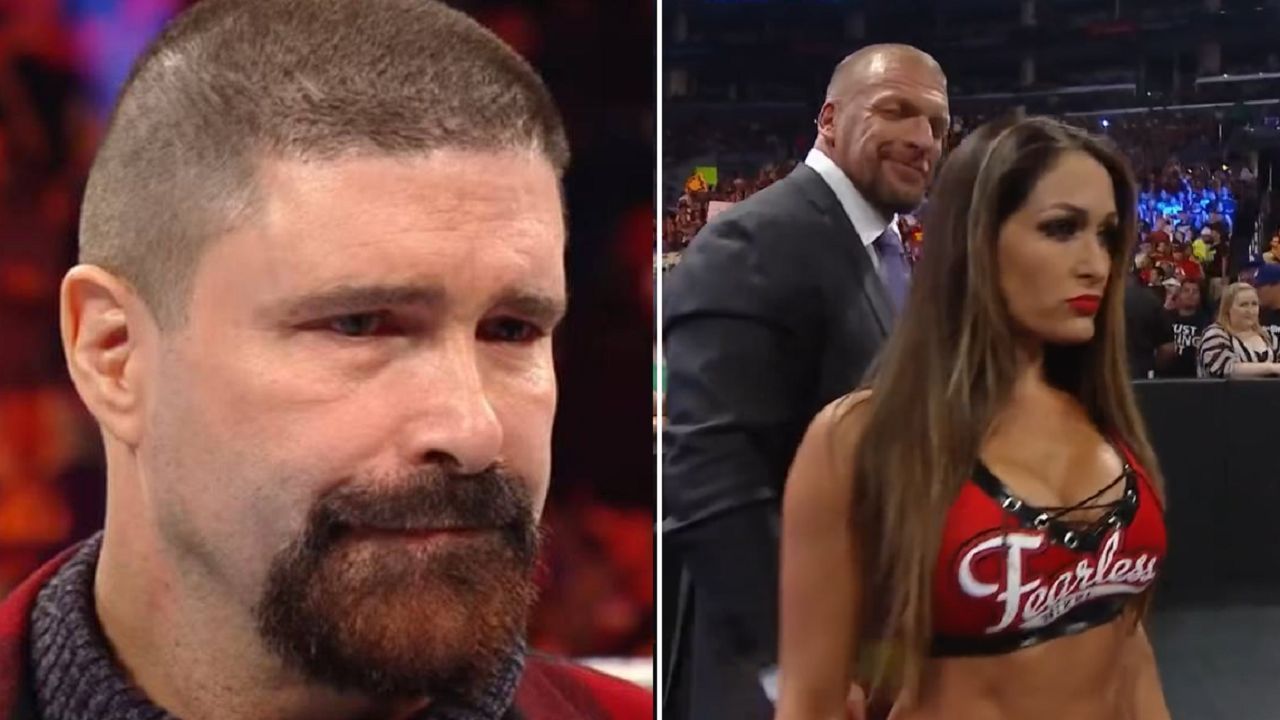 Mick Foley (left); Triple H and Nikki Bella (right)