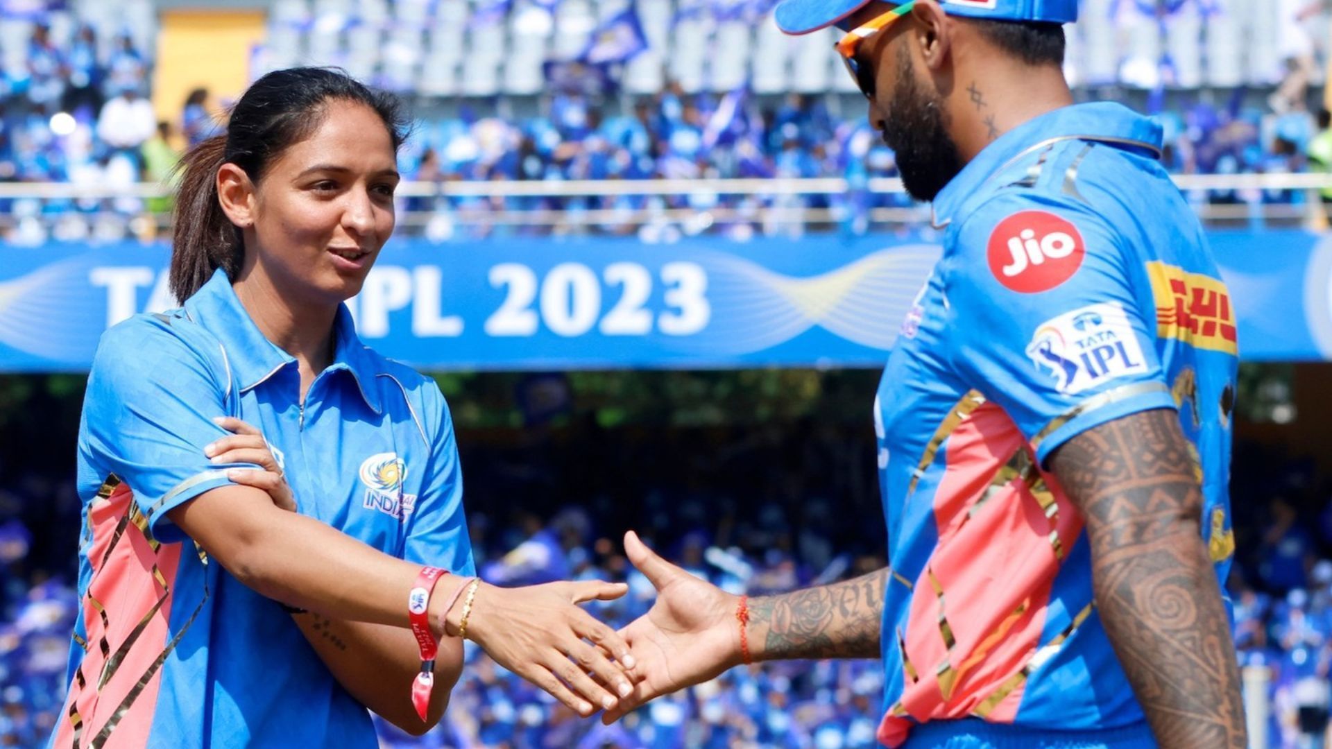 WPL champion Harmanpreet Kaur (L) was present at the toss against KKR with stand-in MI skipper Suryakumar Yadav (P.C.:ipl)