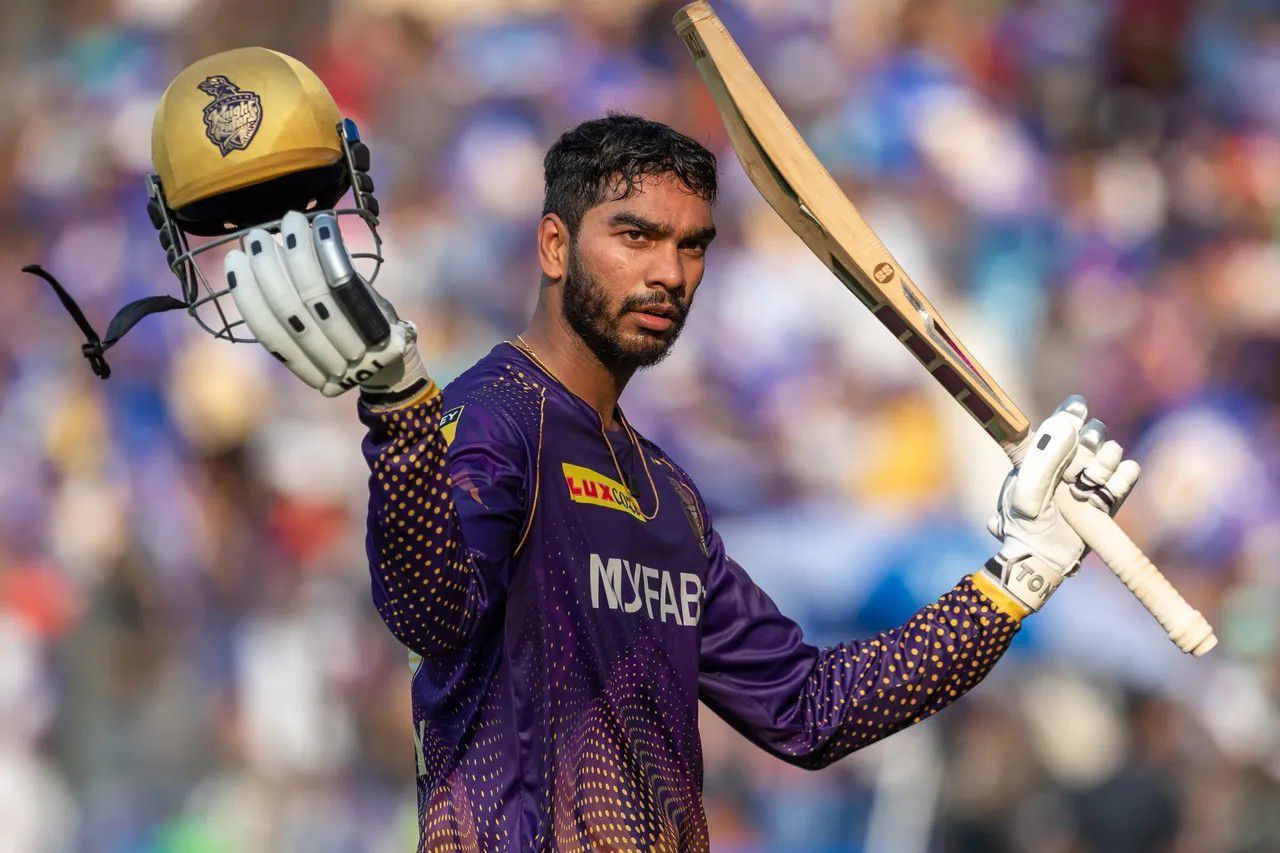 Venkatesh Iyer raising his bat after a hundred vs MI [IPLT20]