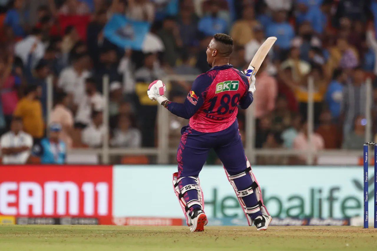 Shimron Hetmyer celebrating a win for RR [IPLT20]