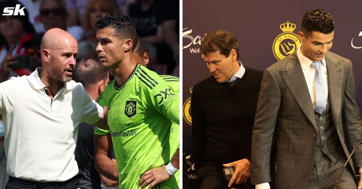 Cristiano Ronaldo with Erik ten Hag (left) and Rudi Garcia (right)